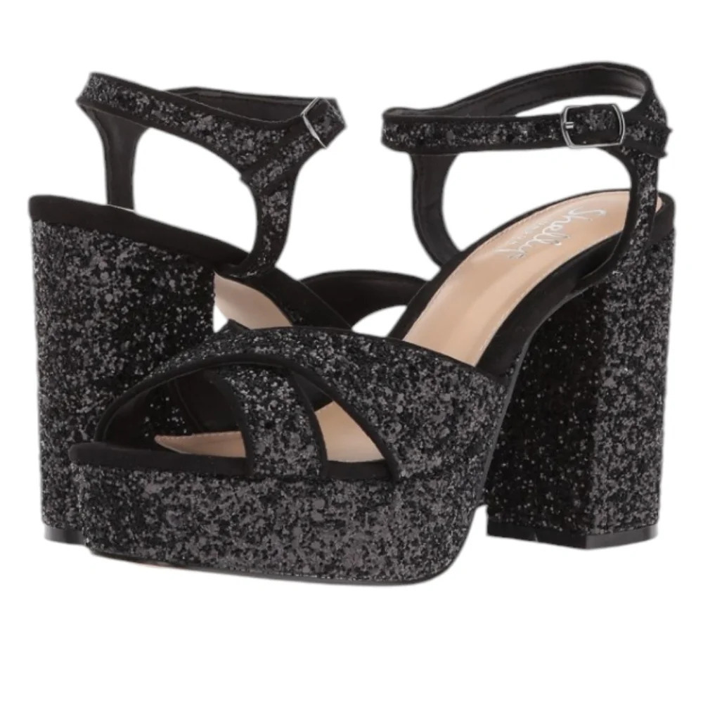 Dolls Kill Shellys London Black Chunky Glitter Platform Strappy Pumps Size 9